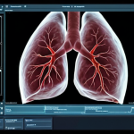 **Medical Diagnosis AI:** An AI system analyzing a lung X-ray, highlighting a small tumor. Focus on technological advancement aiding doctors in early detection.