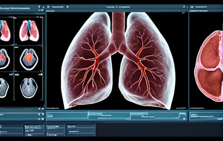 **Medical Diagnosis AI:** An AI system analyzing a lung X-ray, highlighting a small tumor. Focus on technological advancement aiding doctors in early detection.