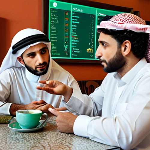 ** A bustling traditional Middle Eastern cafe scene. Two people are sitting at a table, sipping mint tea, and gesturing emphatically while looking at a tablet displaying complex diagnostic data. Overlayed faintly on the background are images representing rising costs (like a chart going up) and a lack of qualified AI specialists (maybe an empty classroom). The overall mood should be thoughtful and slightly concerned. The prompt: "Middle Eastern cafe, mint tea, discussing AI diagnostics challenges, cost, skill shortage overlay."

**