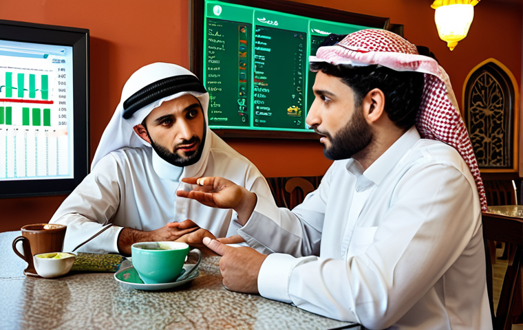 ** A bustling traditional Middle Eastern cafe scene. Two people are sitting at a table, sipping mint tea, and gesturing emphatically while looking at a tablet displaying complex diagnostic data. Overlayed faintly on the background are images representing rising costs (like a chart going up) and a lack of qualified AI specialists (maybe an empty classroom). The overall mood should be thoughtful and slightly concerned. The prompt: "Middle Eastern cafe, mint tea, discussing AI diagnostics challenges, cost, skill shortage overlay."

**