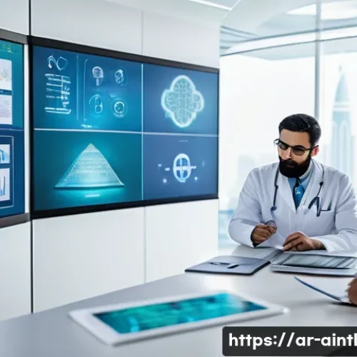 Home 11 AI 진단 시스템의 기술적 장애요소 분석 - A modern Middle Eastern hospital setting showcasing a diverse group of Arab medical professionals co...