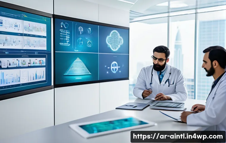 AI 진단 시스템의 기술적 장애요소 분석 - A modern Middle Eastern hospital setting showcasing a diverse group of Arab medical professionals co...